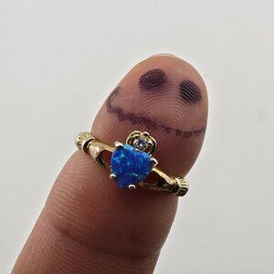 Sterling Silver 925 Gold Vermeil Blue Opal Heart Claddagh Ring CZ Size 5.5